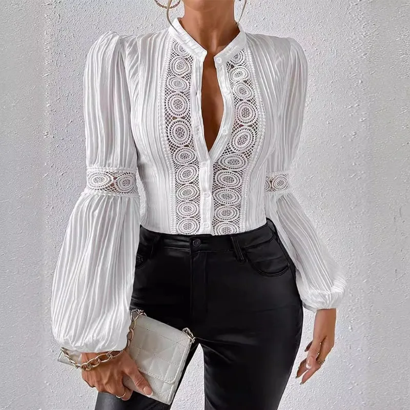 

Independent Design New Products 2024 Spring Summer Women's Clothing Solid Color Lace Stitching Texture Fabric Long Sleeve Shirt