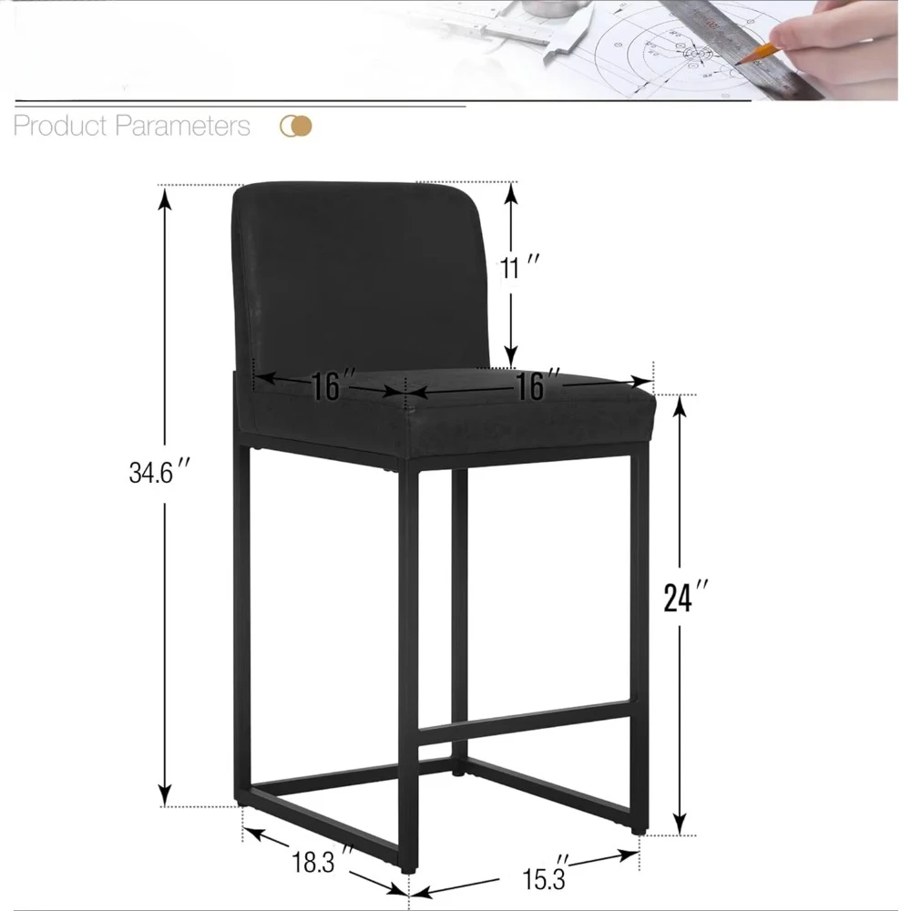 Set di 4 sgabelli da bar neri - Sgabello da bar da 24 pollici con altezza del bancone Sedie da bar moderne da cucina in pelle PU, sgabelli da bar con schienale