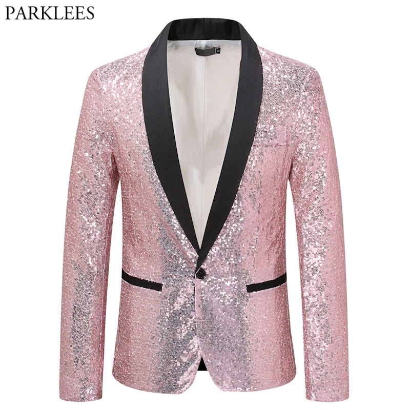 

Shiny Pink Sequin Tuxedo Blazers Men 2023 Brand Slim Fit One Button Shawl Collar Dress Blazers Wedding Party Prom Costume Homme