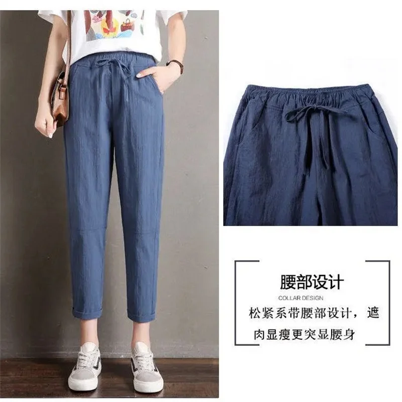 2024 Ladies Cotton Linen Nine Points Harlan Pant Summer Women High Waisted Loose Carrot Pants Female Straight Cylinder Trousers