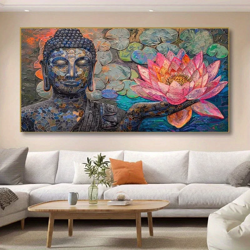Big Buddha And Lotus Poster, Modern Home Decor, Tranquil Scene, Suitable For Living Room Or Bedroom, No Frame
