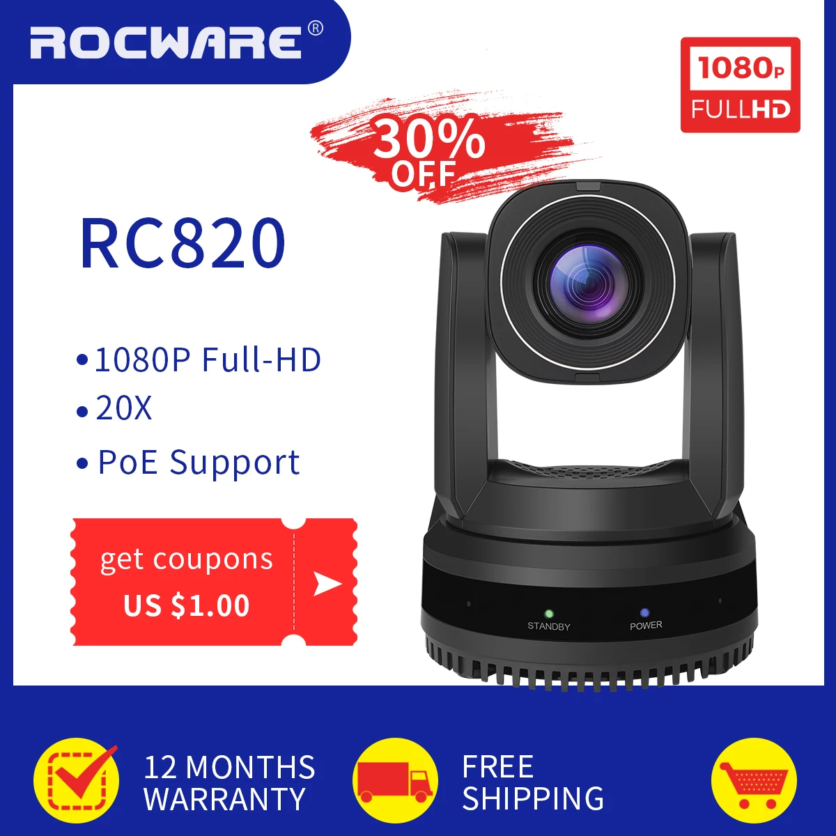 ROCWARE RC820  HD SDI IP LAN NDI HX PTZ POE IP USB2.0 HDMI 1080P 20X Live Streaming Video Conference Camera