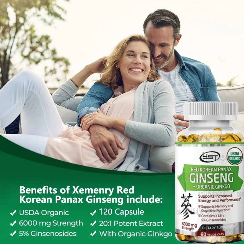 Korean Red Panax Ginseng + Ginkgo Biloba Capsules Increases Energy, Mood, Stamina & Performance, Supports Mental Health