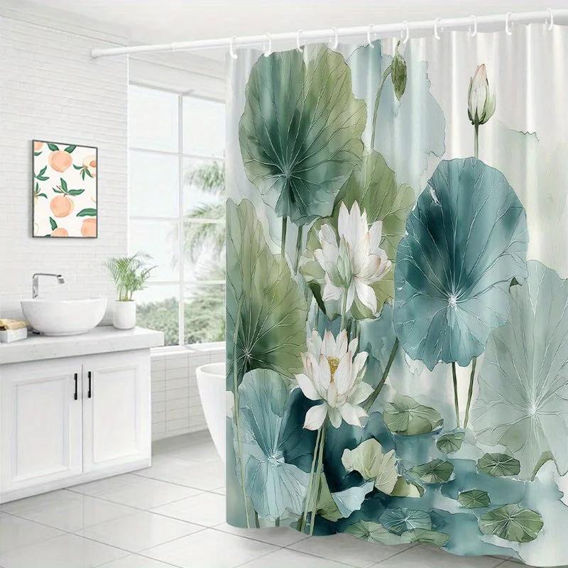 Elegant Watercolor Tropical Lotus Leaf Design Shower Curtain Bathroom Curtain Green Botanical Nature Decor 180x200cm