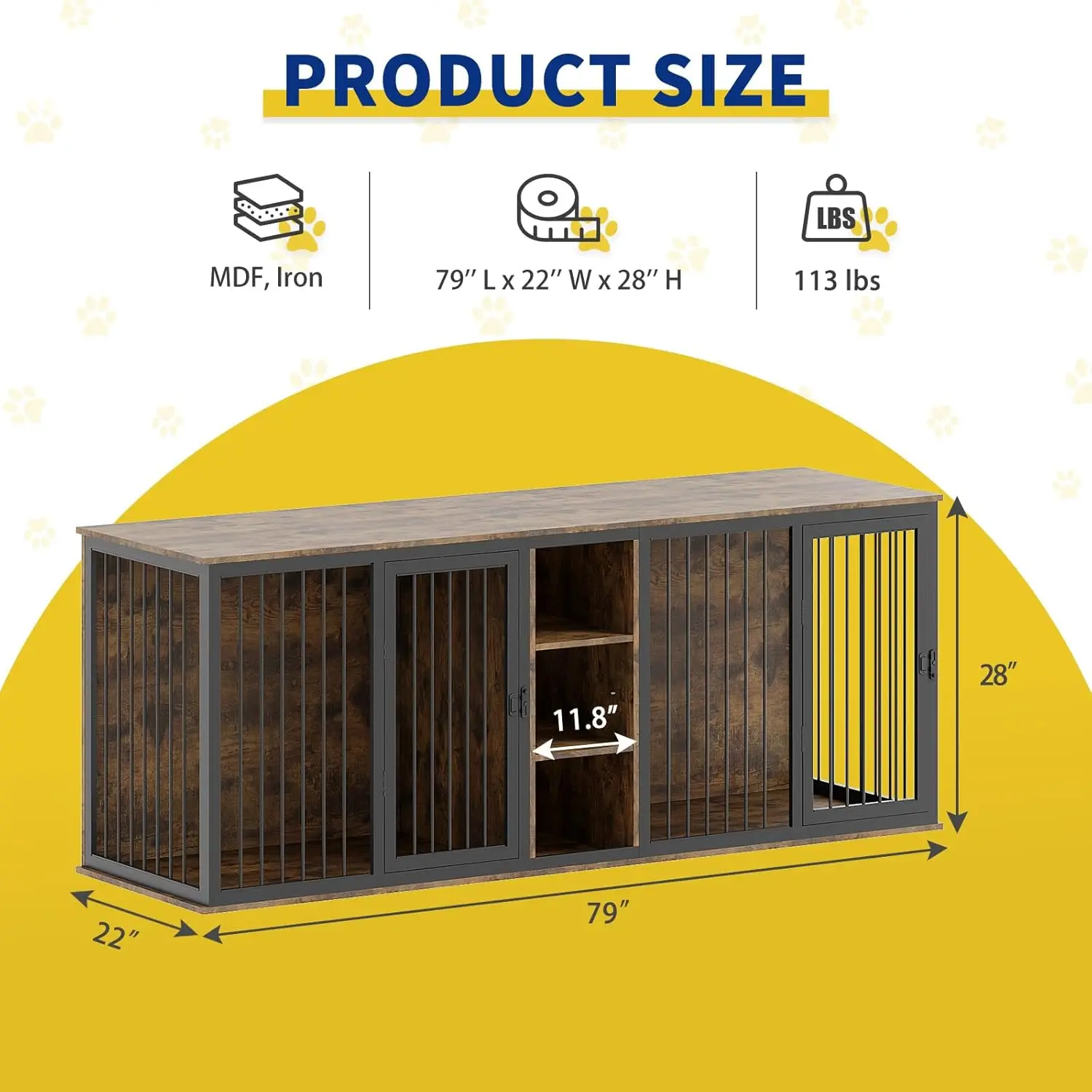 أثاث على شكل صندوق للكلاب داخلي للكلاب، بيت كلب خشبي بإطار فولاذي مقاس 79 بوصة مع لوح تقسيم قابل للتعديل ومنزلق