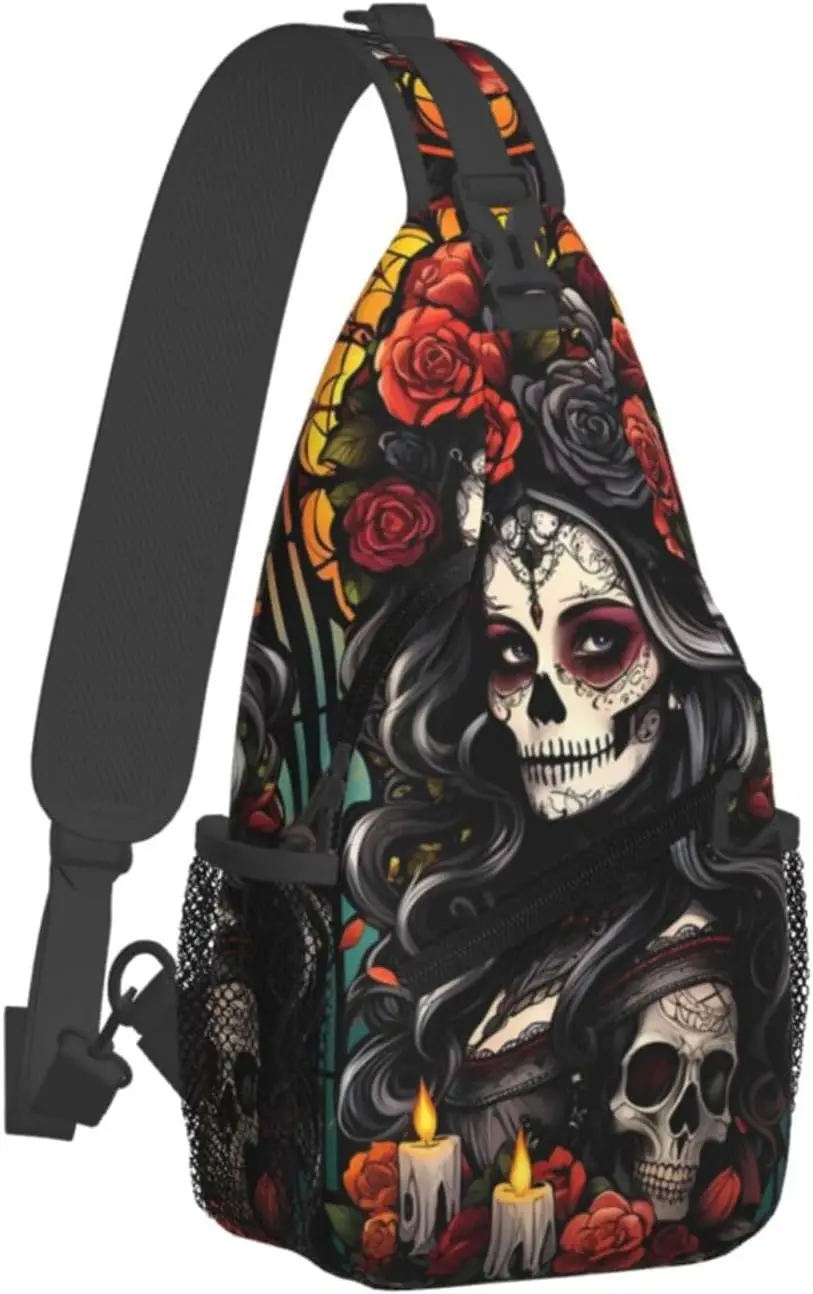 Cute Sugar Skull Sling Bag Crossbody Backpack for Travel Hiking Chest Daypack Shoulder Sling Bag for Men Women One Size