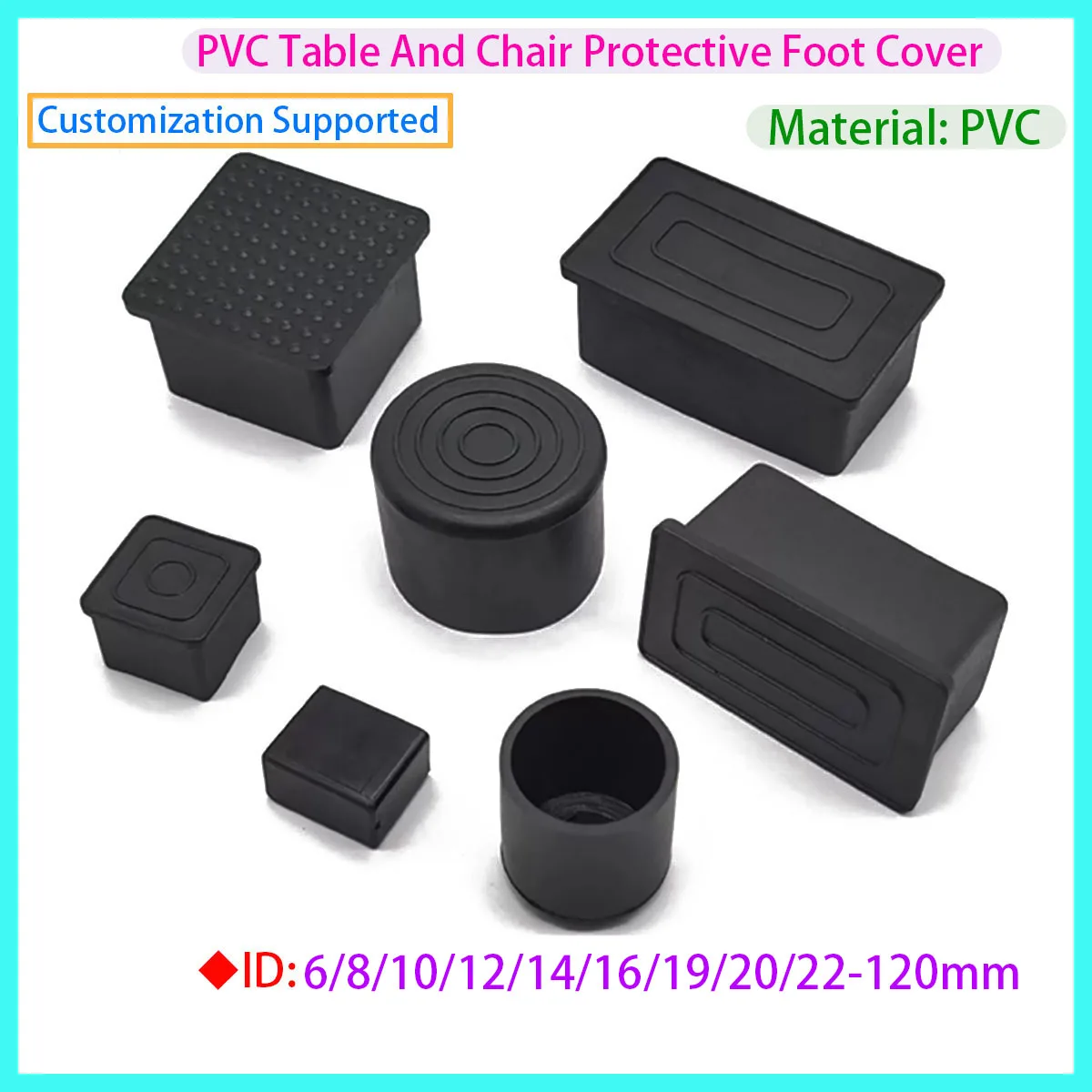 Black PVC Soft Rubber Tube Cover, Table and Chair Foot Anti Slip Pad Protective Cover,6/8/10/12/14/16/19/20/22-120mm