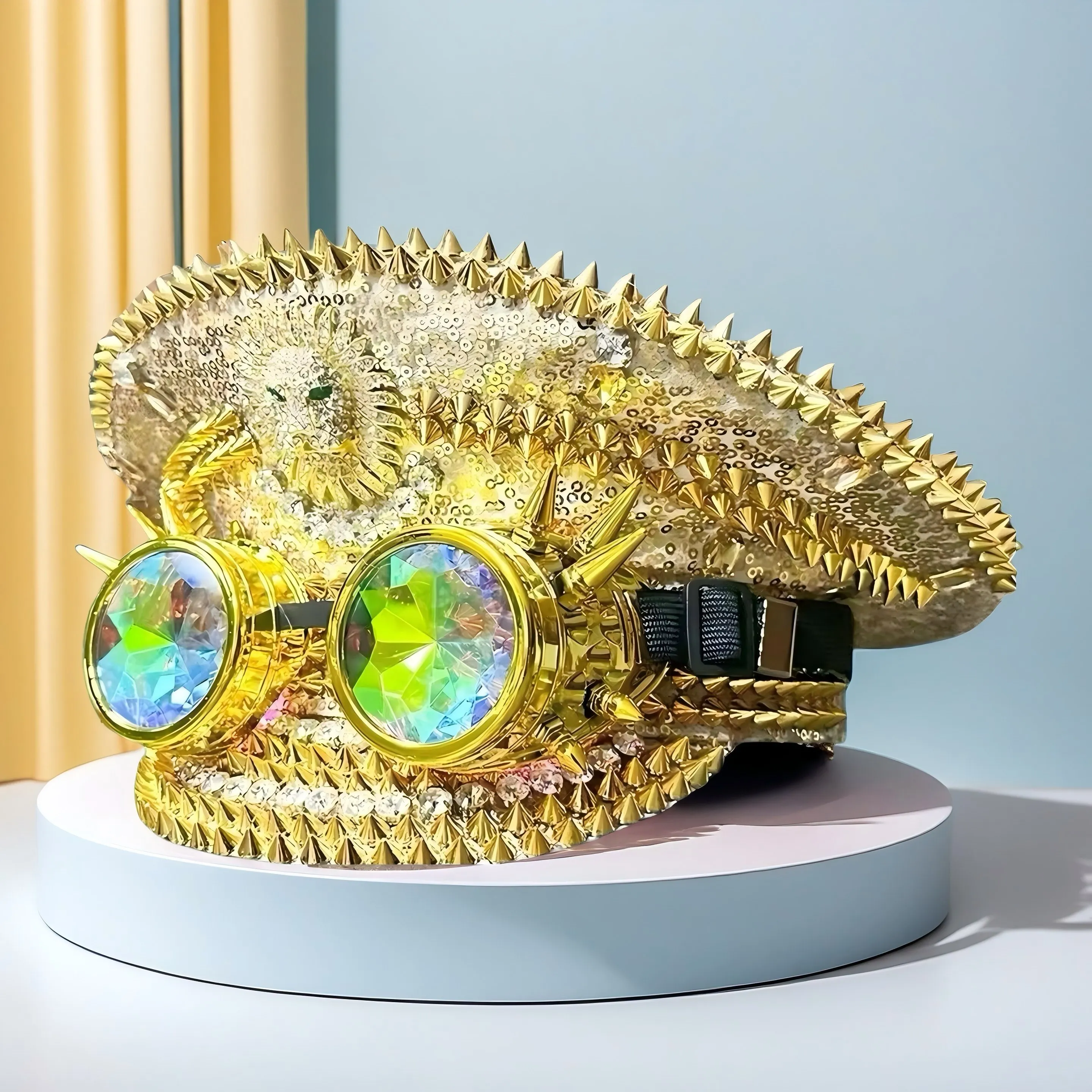 

Steampunk Captain Hat Rhinestone with Goggles for Burning Man Festival Woman, Military Accessories & Cap for Man