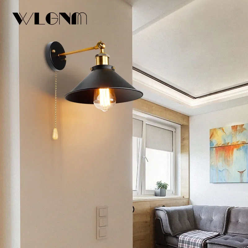 WLGNM Retro Wall Lamp Lights For Attic Dining Room Bedroom Study Bathroom Iron Lampshade E27 Base Creative Lighting with Switch