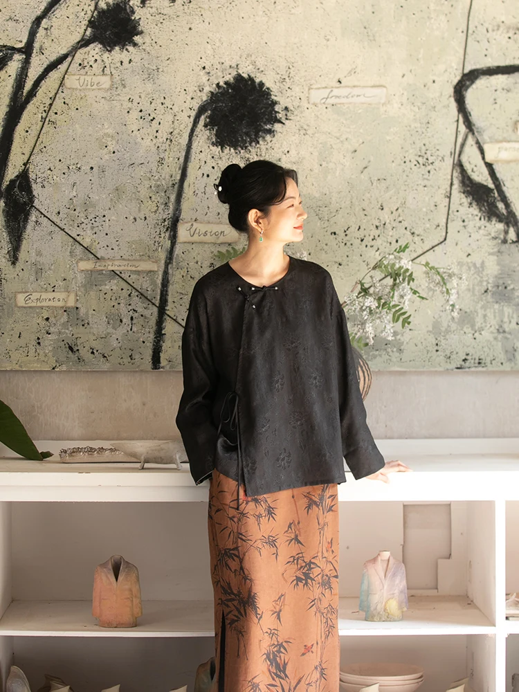 

Новинка весны: шелковый топ женский с цветочным узором из руаньханьского шелка, в китайском национальном стиле, длинный, свободный крой