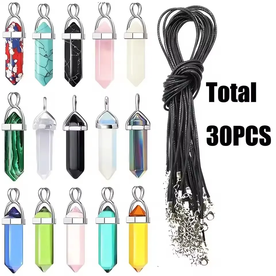 40PCS/30PCS Sechseckigen Chakra Synthetische Kristall Anhänger Spitzen Quarz Stein Mit Leder Halskette Kette Lagerung Tasche Schmuck – Detail 8