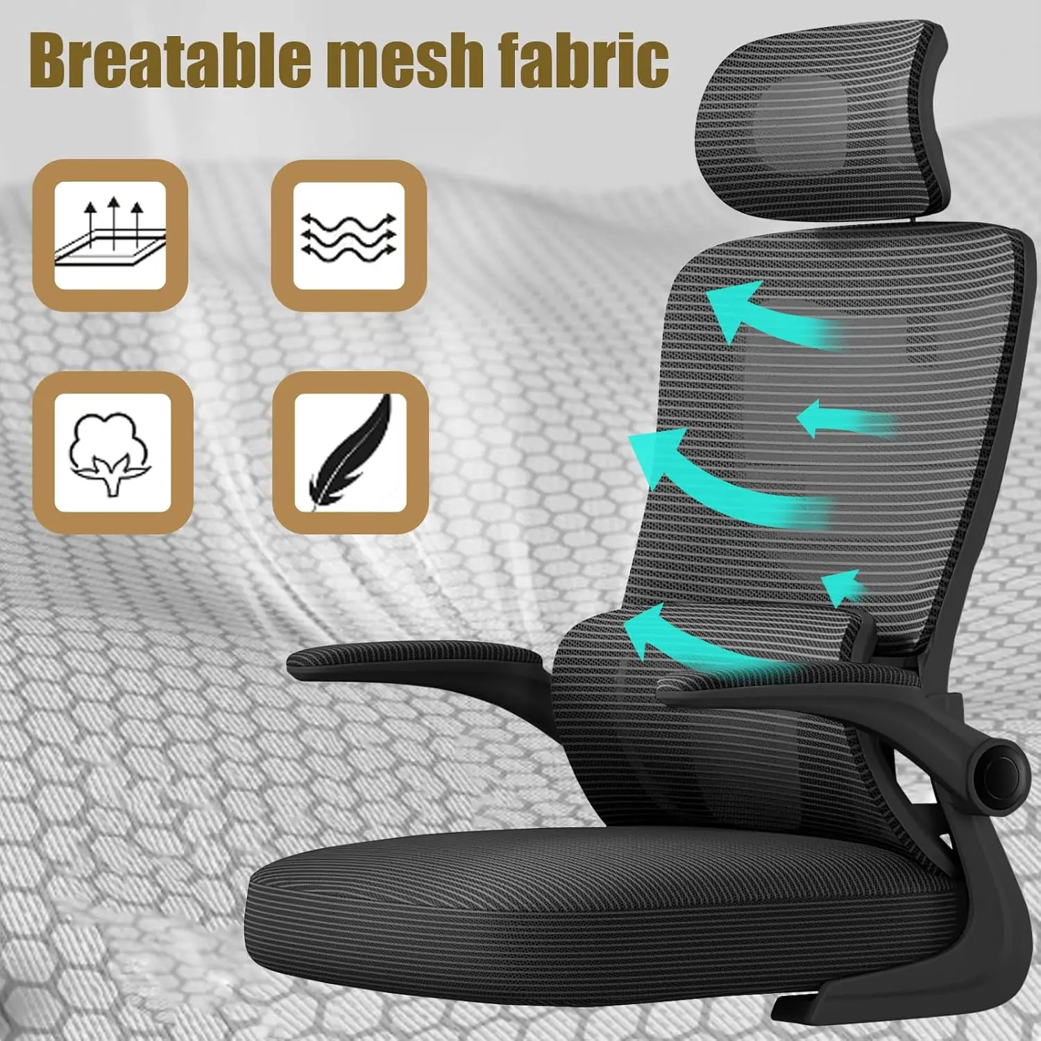 Computer office chair with FILP upward armrest gaming chair, lumbar support, adjustable headrest height rotating chair