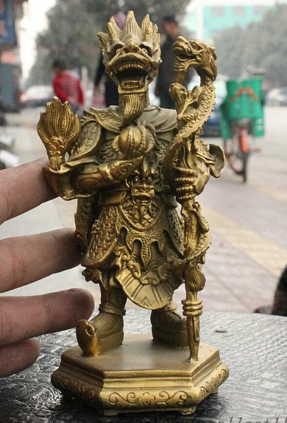 Folk Chinese Feng Shui Brass Ancient Myth Dragon King Immortal God Stand Statue