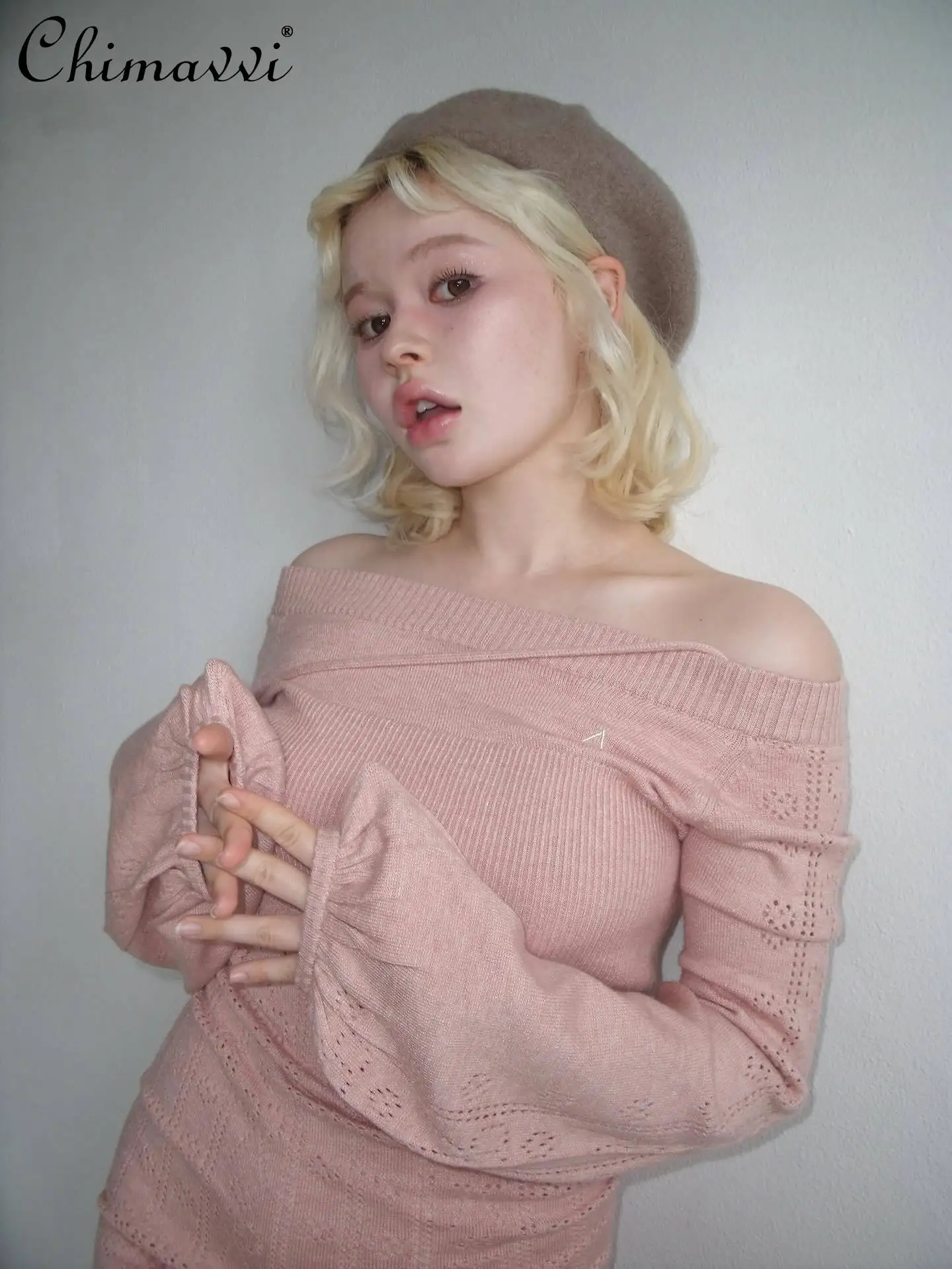 Estilo japonês oco para fora fino ajuste fora do ombro gravata cintura bodycon vestido de malha moda manga longa magro elegante vestido feminino