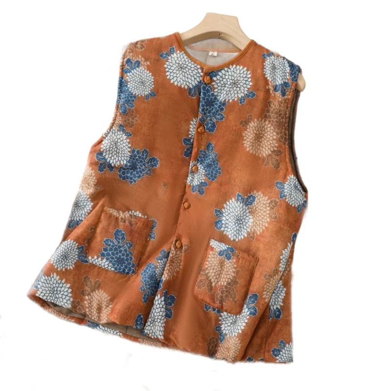 レトロな芸術的なファイオンプリントの亜麻ベスト、女性用冬用コットン裏地付き暖かいアウターウェア、重ね着に最適、トレンディなシングルボタン留め