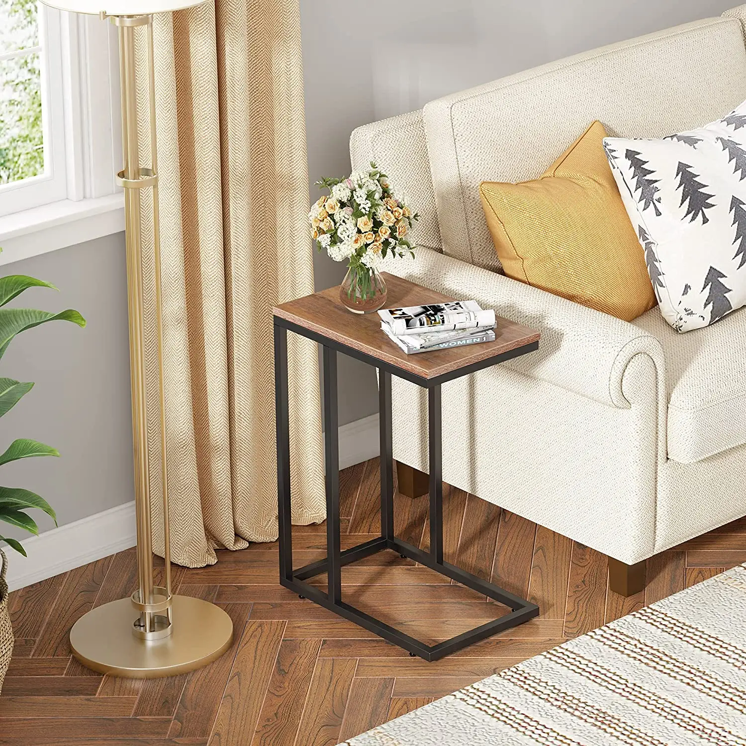 Bed Side Table Modern Bedroom Living Room Sofa Square Narrow Cube Wood Metal c Shape End Table Side Table for Living Room Luxury