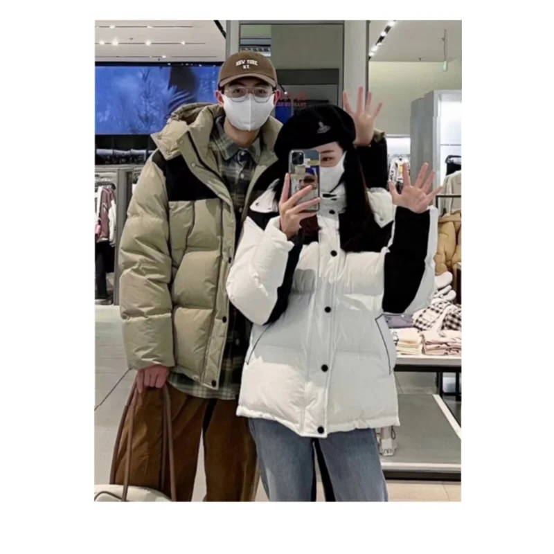 Couple 2023 Down Jackets Hooded Color Blocking Women Korean Men White Duck Thickened Winter Coats Pocket Commuting Double Collar