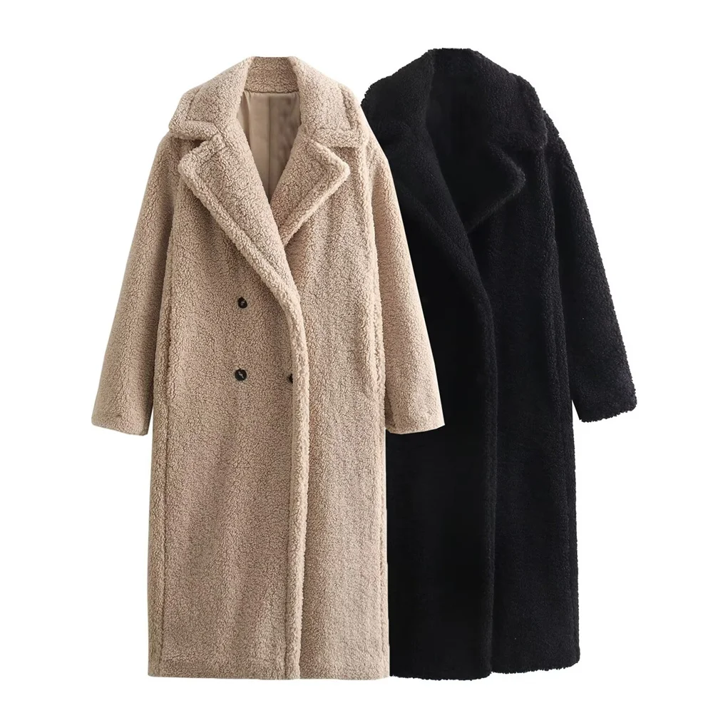 PB&ZA 2024 autumn new women\'s fashion solid color lapel long-sleeved fleece double-breasted loose coat jacket