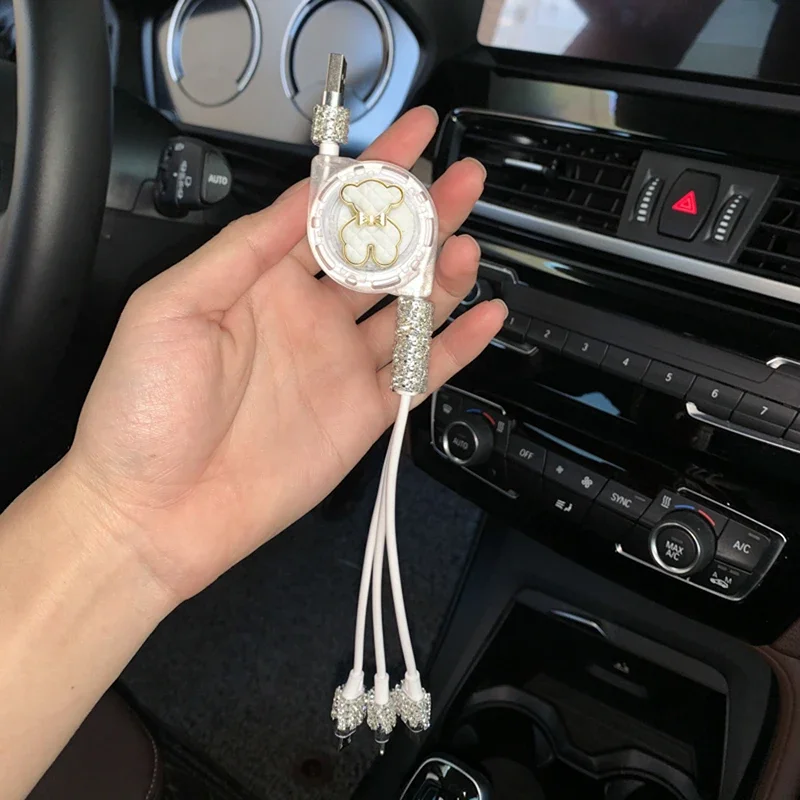 Bling Car Charger USB Multi Charging Cable Cute Auto Fast Charging with 1 in 3 Type C/Micro/Port Sync Data Line Car Accessories