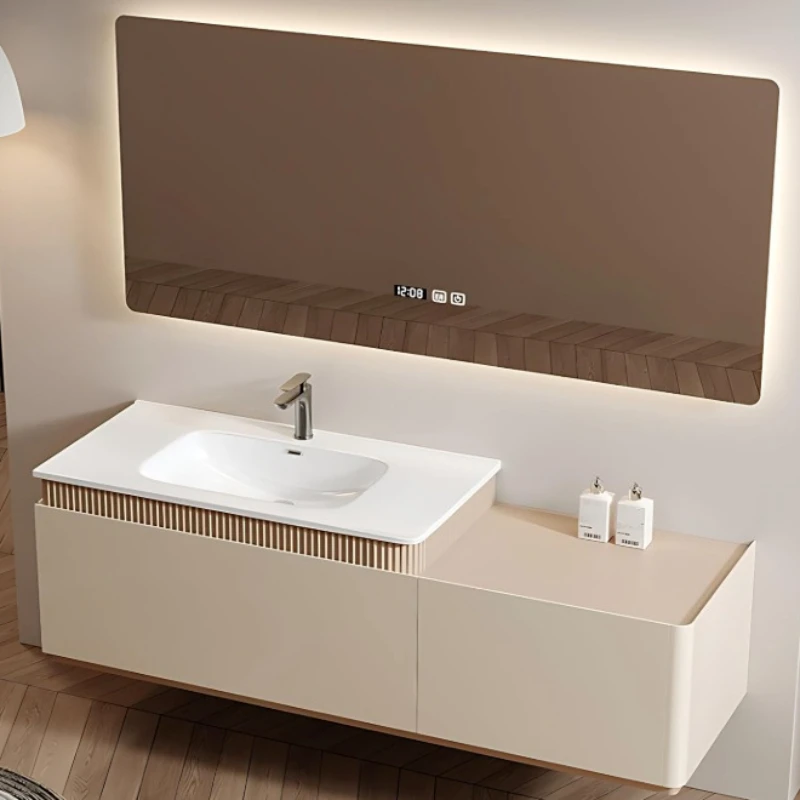 

Modern stylish bathroom cabinets ceramic basins and LED mirrors bathroom vanities