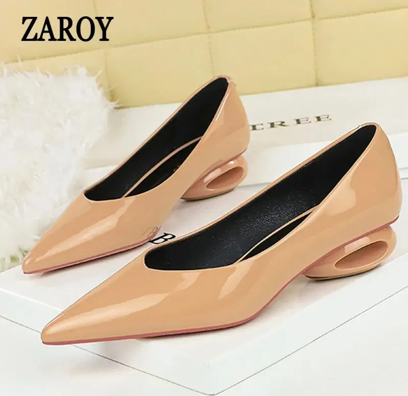 

Pointed Toe Classic Patent Leather Pumps Women Party Wedding Shoes Low Strange Heel OL Elegant Footwear Shallow Slip On Mules ﻿