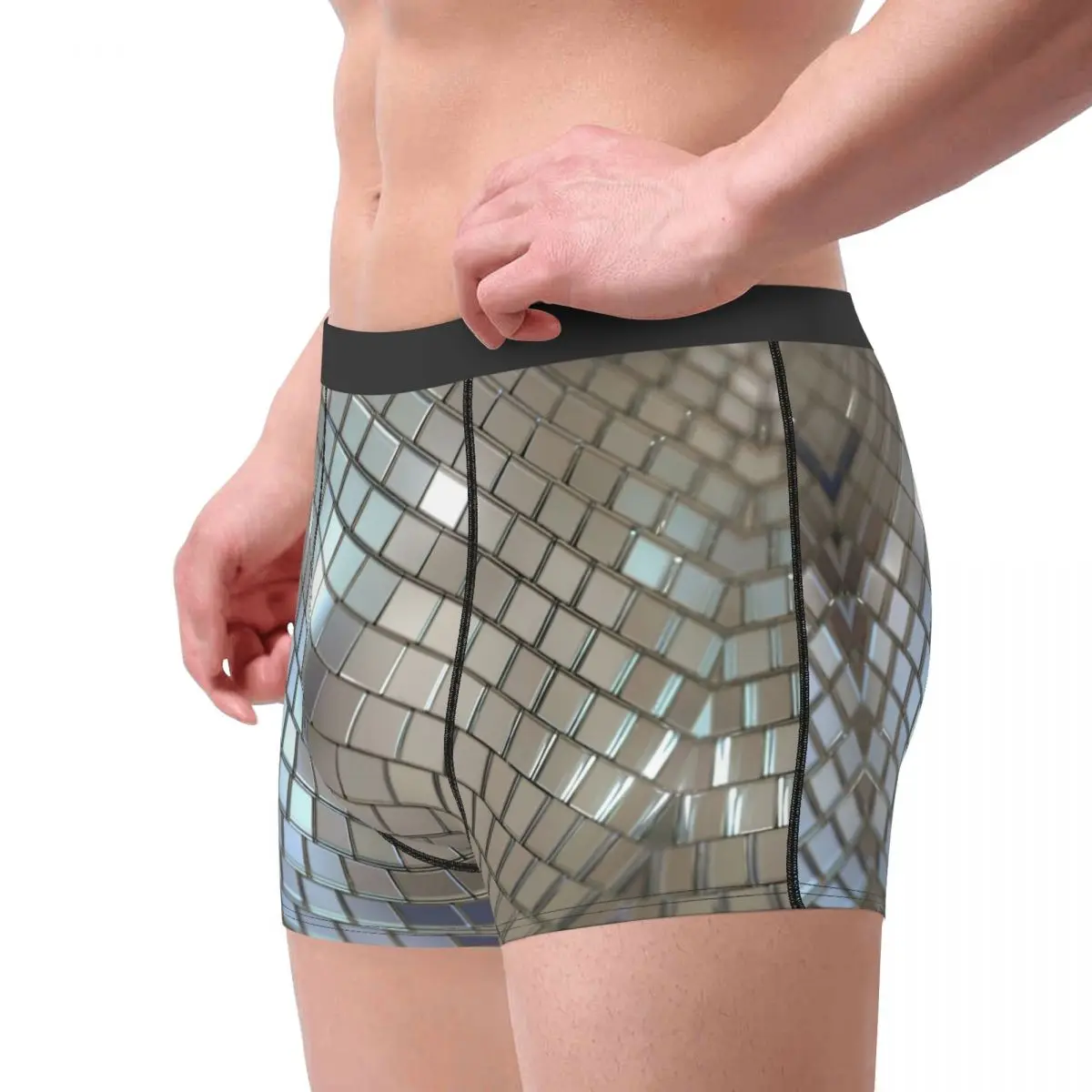 Men's Shiny Silver Disco Ball Pattern Boxer Shorts Panties Mid Waist Underwear Retro 70s Homme Novelty Underpants