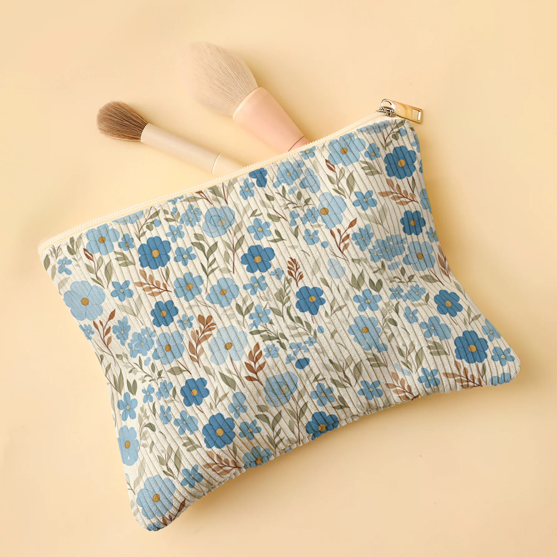 Makeup Bag Large Capacity Corduroy Makeup Bag Texture Blue Floral Smooth Zipper Fits Foundation/Eye Shadow Palette/Lipstick