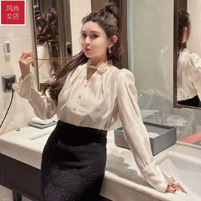 French Chic and Beautiful Winter New Style Loose and Luxurious Retro Solid Color Versatile Slimming Long Sleeved Shirt for Women