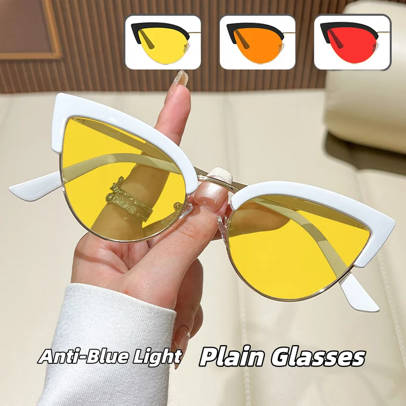 

Metal Half-Frame Night Vision Anti-Blue Light Glasses Orange & Red Lenses Unisex Fashion Cat-Eye Gaming Eye Protection Glasses