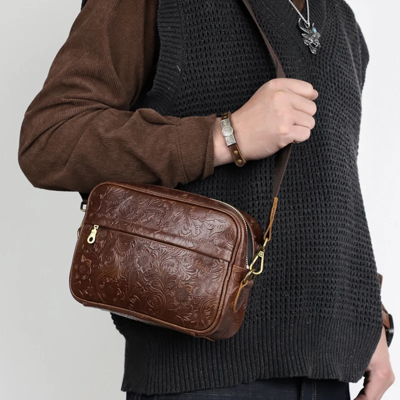 Handmade Genuine Leather Men\'s Crossbody Shoulder Bag Casual Horizontal Messenger Bag For Male Travel