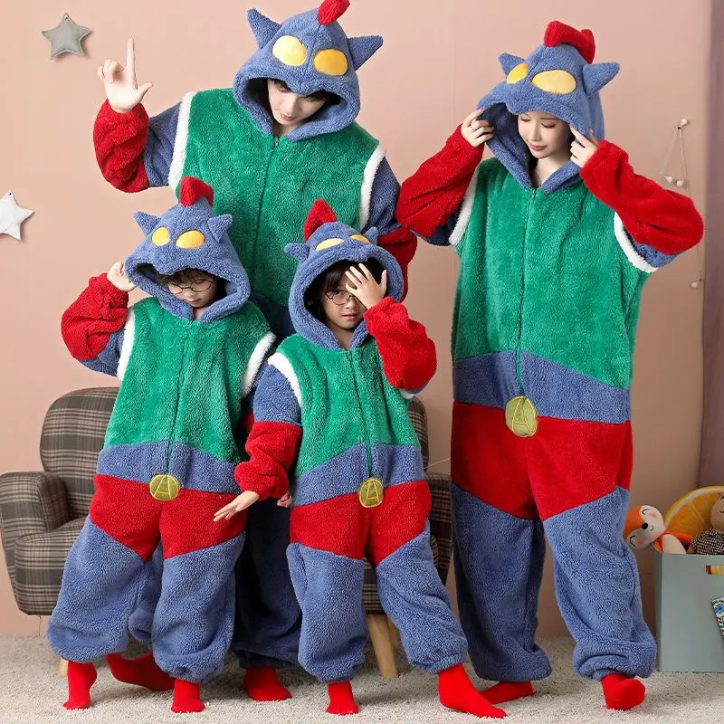 Anime Pikachu Stitch Action Kamen Tigger Family Coral Velvet Pajamas Family Pajama Set Winter Flannel One-Piece Homewear