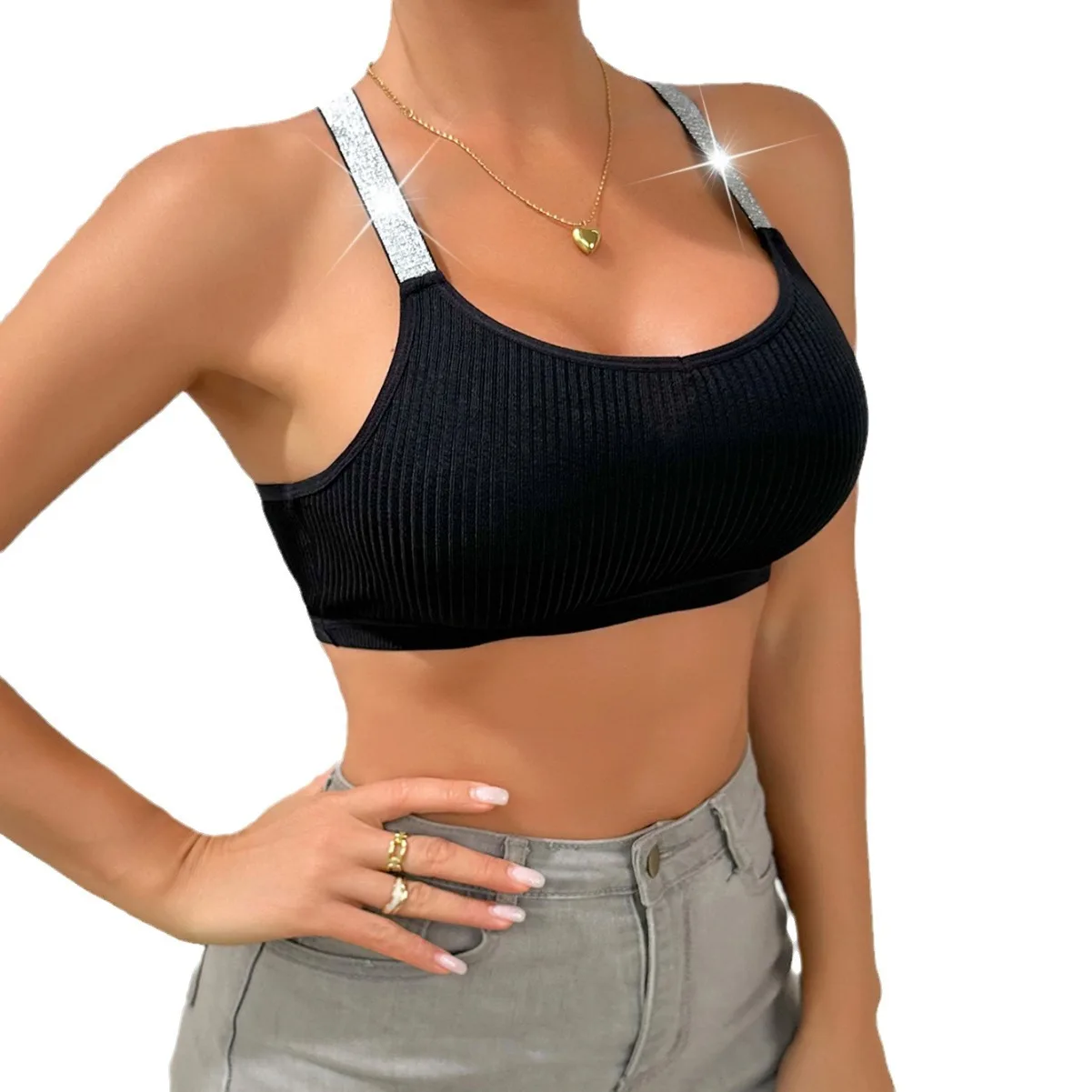 2 uds sujetadores de mujer ropa interior Sexy sin anillo de acero lencería brillo correas brillantes Sujetador deportivo acanalado chaleco Sexy Top ajustado