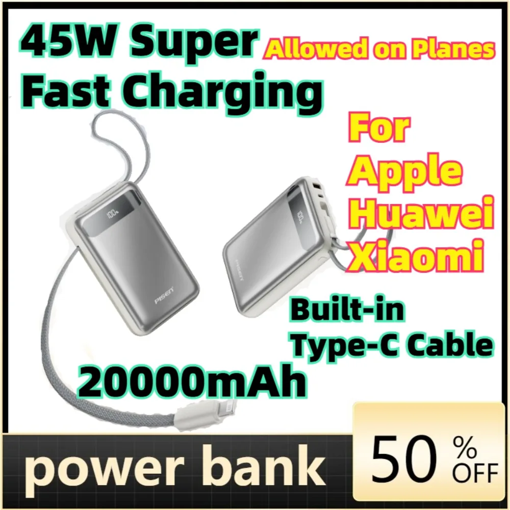

For Laptop PD Fast Charger for iPhone 17 Samsung S25 S24 45W Power Bank 20000mAh Built-in USB-C Cable Portable Powerbank