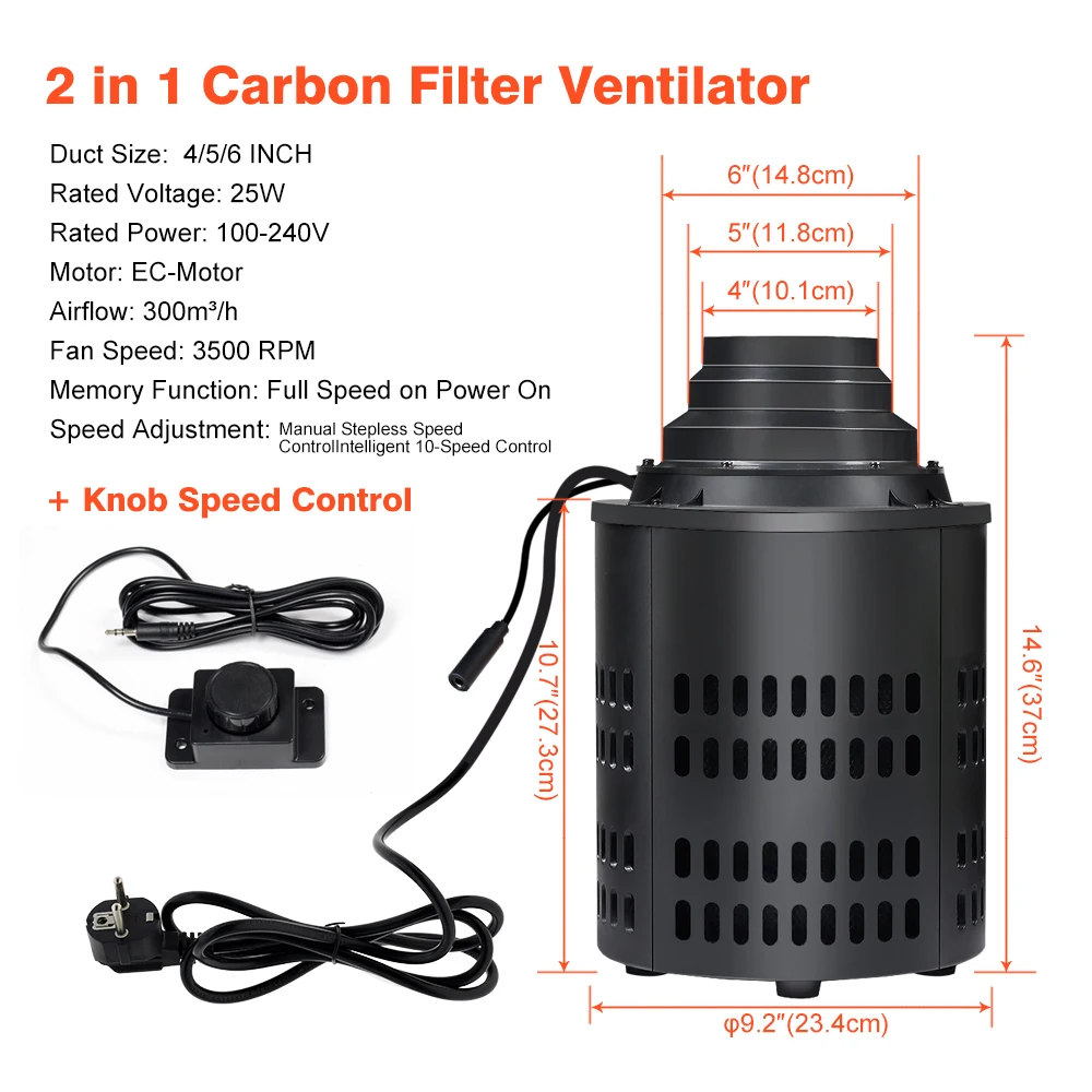 2-in-1 koolstoffilter EC-motor ventilatie-afzuigventilator voor verwarming, koeling, booster voor kweektenten en hydrocultuur
