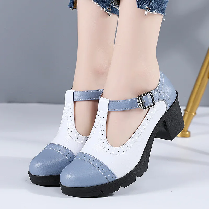 New Women Genuine Leather Buckle Strap Mary Janes Platform Shoes Woman Pumps High Heels Dress Shoes Retro Ladies Wedding Shoes