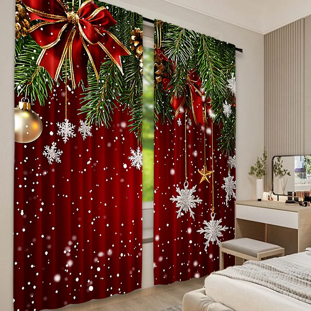 Rideaux de noël classiques, 2 pièces, flocons de neige, pin, rouge, vert, pour salle de noël, adaptés au salon, une chambre à coucher, une cuisine et une salle de bain