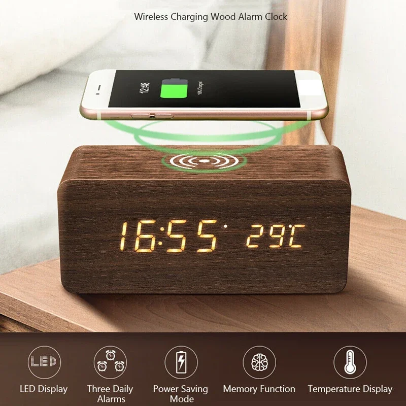 New LED Wooden Alarm Clock Table Voice Control Digital Wood Despertador Electronic Desktop QI Wirless Charger Desk Alarm Clocks