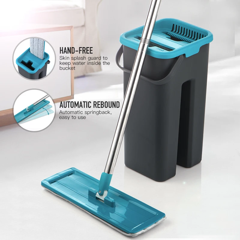 Flat Squeeze Mop with Spin Bucket Hand Free Wringing Floor Cleaning Microfiber Mop Pads Wet or Dry Usage on Hardwood Laminate