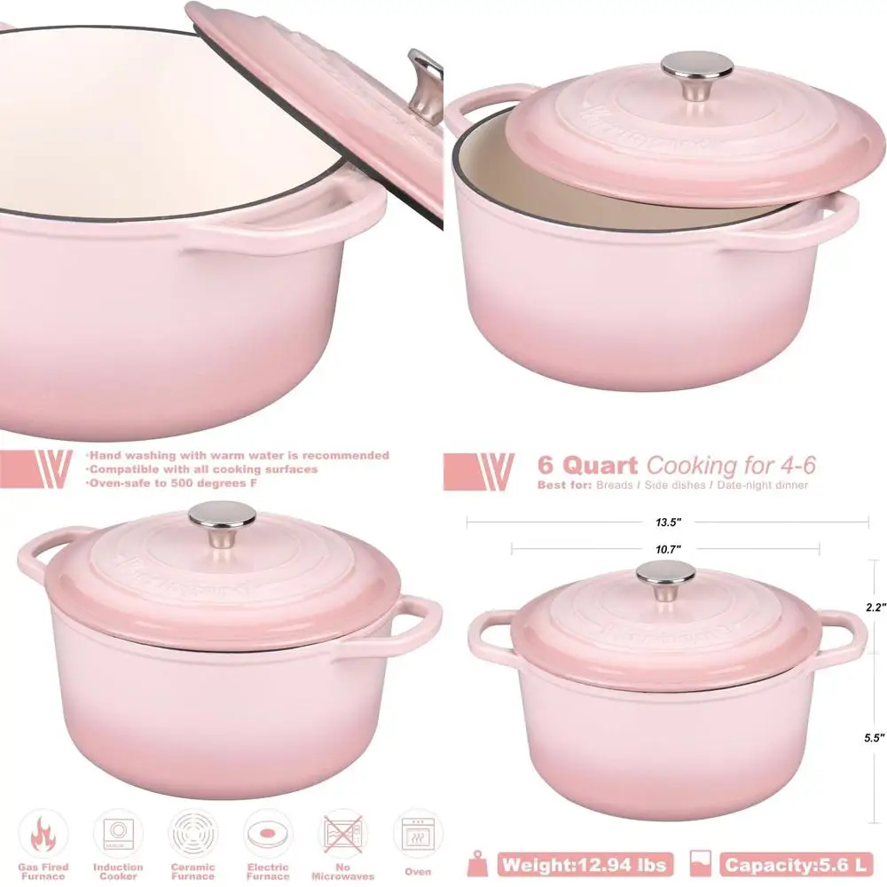 

6-Quart Round Enamel Dutch Oven Pot with Lid for Sourdough Bread Baking, Pink