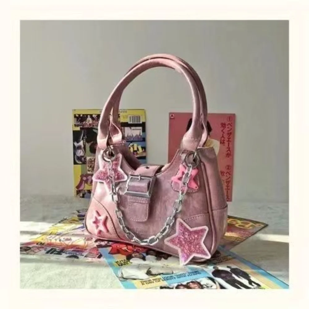 Korean Hiphop Rock Chain PU Leather Sling Diesel Crossbody Bags Pink Y2k Stars Underarm Shoulder Bags Rock Punk Girl Handbag