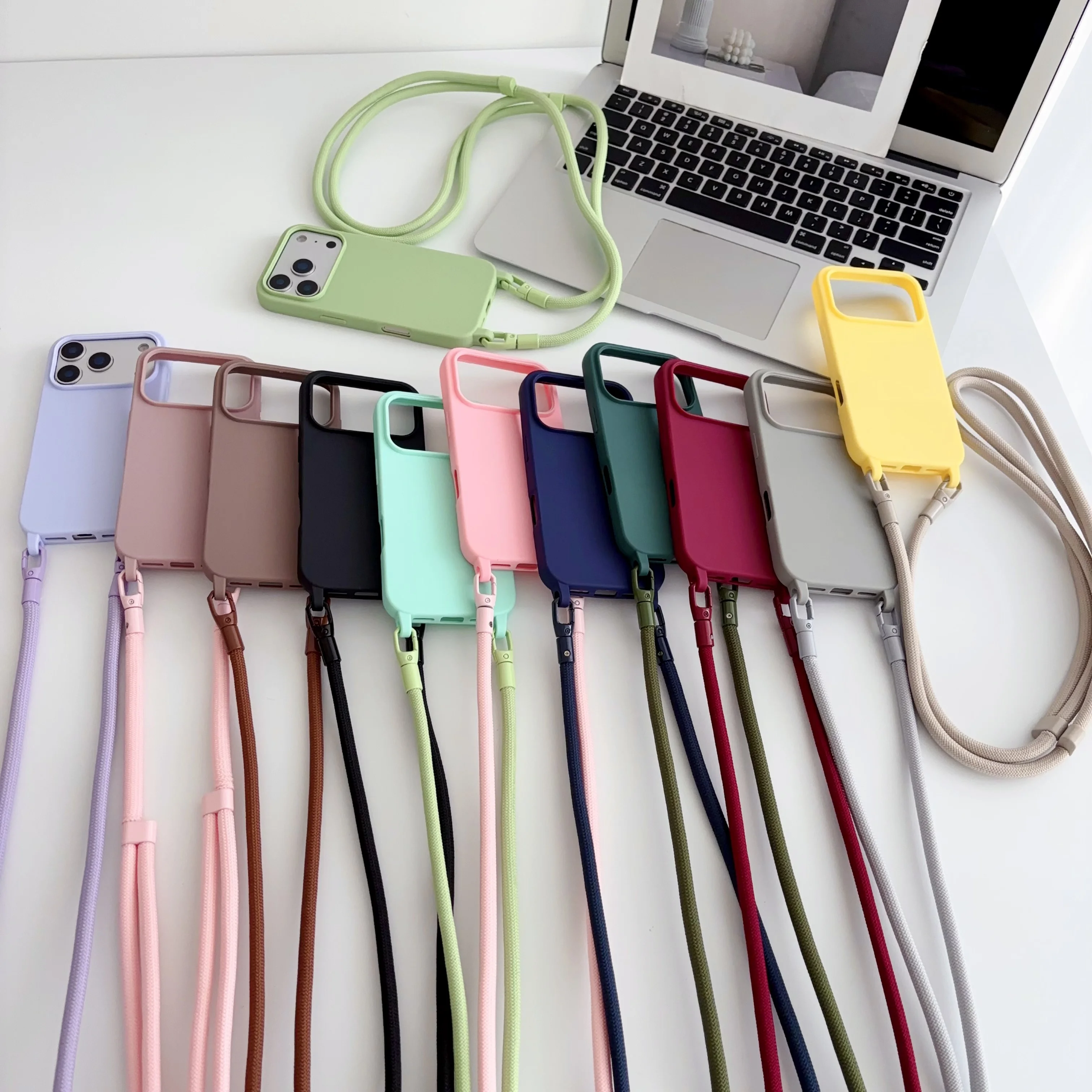 Simple Style Long Shoulder Strap Phone Case For iPhone 13 12 11 Pro Max Mini 8 7 6 6s Plus SE 2022 2020 Candy Color Back Cover view 3