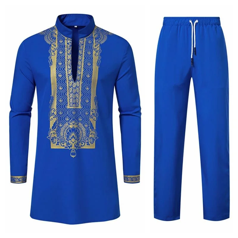 Men\'s Ethnic Style Robe Luxury Hot Gold Printing Sets Long Sleeve + Pants Two-piece Suit Men\'s Traditional Clothing Men\'s Sets