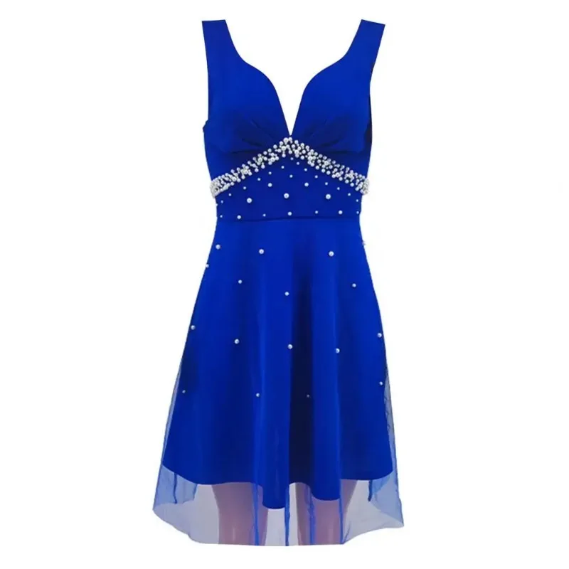 Senhora verão vestido de baile elegante decote em v pérola embelezado a linha vestido de noite com dupla camada de malha sobreposição cintura alta para o verão