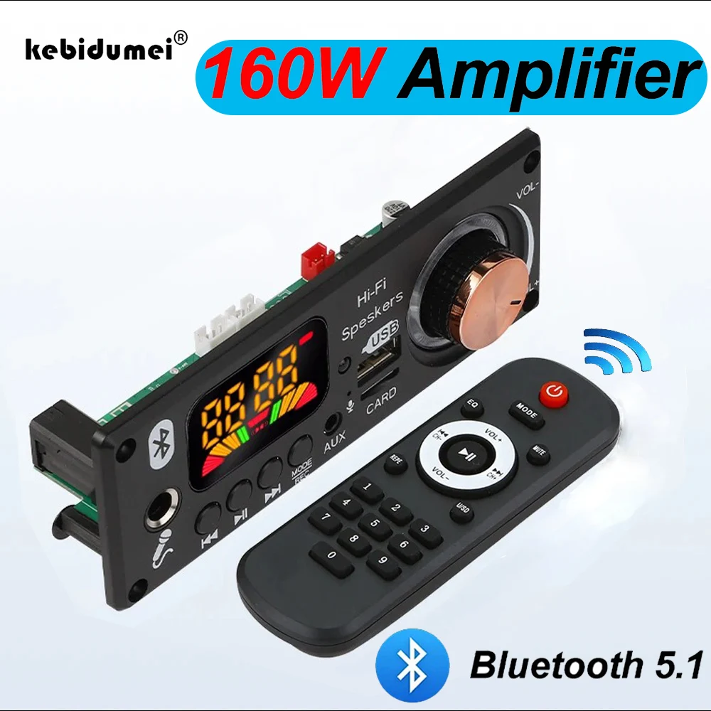 DIY 160W Amplifier Bluetooth 5.1 MP3 Decoder Board 12V 6.5mm Microphone FM Radio TF USB Car Audio Music Record Player Speakers