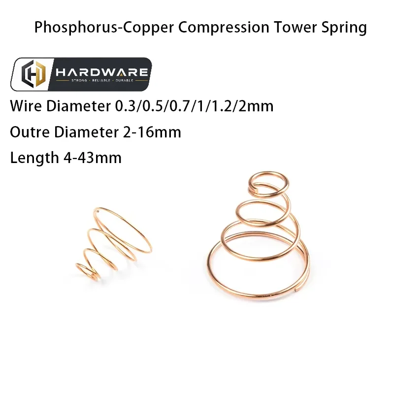 Phosphorus-copper Compression Tower Spring Electricity Accessory Part Wire Diameter 0.3-2mm Outer Diameter 2-16mm Length 4-43