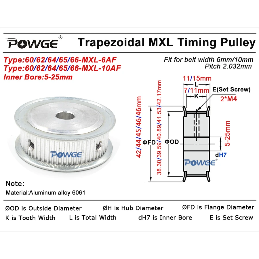 POWGE Inch Trapezoidal 66 65 64 62 60 teeth MXL Timing Pulley AF Bore 5-25mm for Belt width 6/10mm 60T 62T 64T 65T 66T