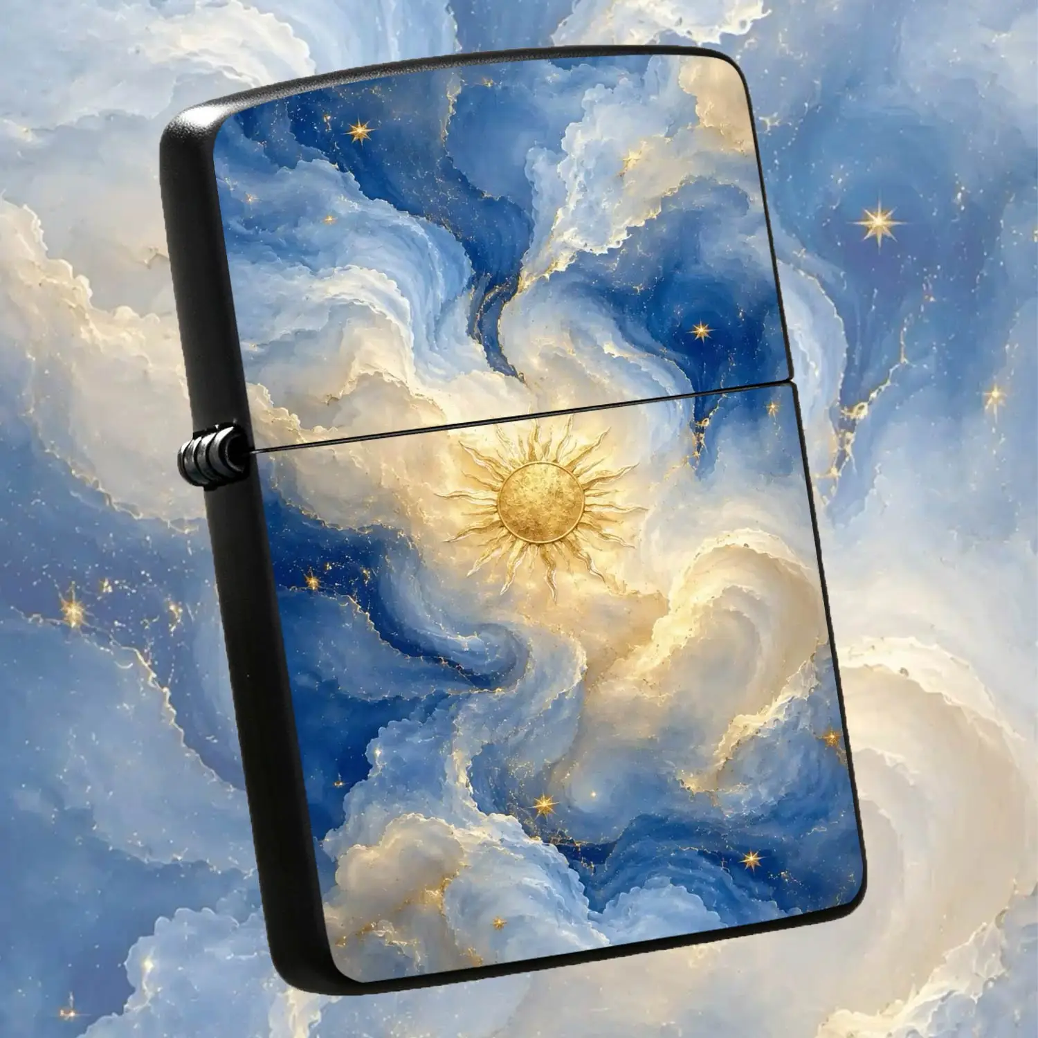 Gilded Sun Celestial Lighter, Dreamy Blue Cloud Starry Sky Artistic Decor, Exquisite Aesthetic Portable Accessory, Suitable For Daily Gathering Gifting All Scenarios, Premium Stylish Practical Desktop Ornament, Unique Trendy Ceremonial Deli