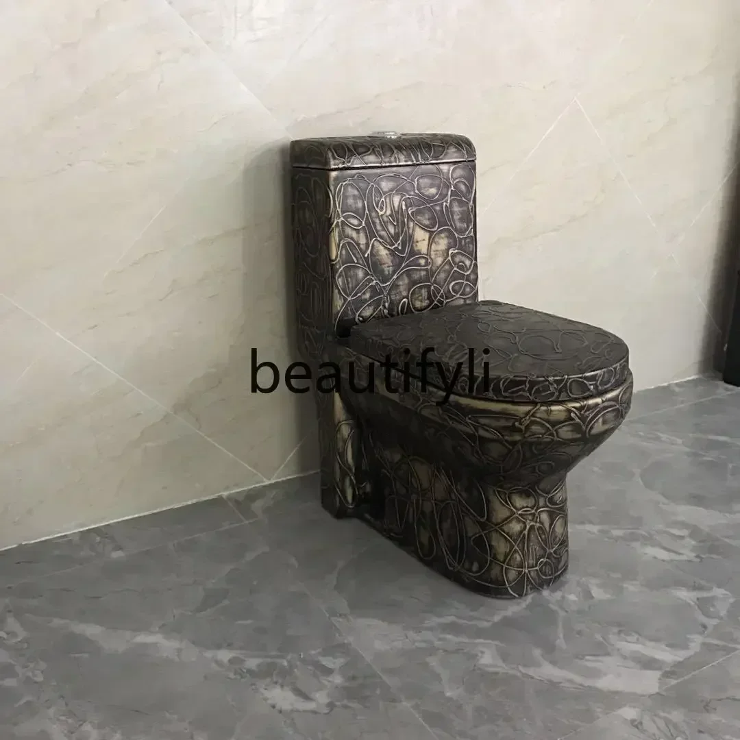 zqBoutique high-end wood grain toilet, siphon type one-piece antique toilet, ceramic, marble pattern