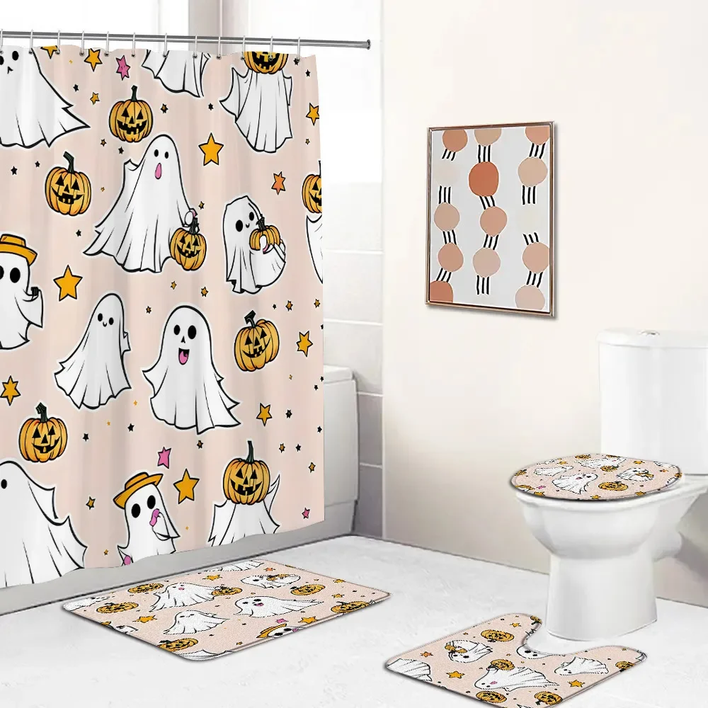 Cute Ghost Halloween Shower Curtain Set Pumpkin Lantern Spectre Kid Happy Halloween Home Carpet Bathtub Curtain Toilet Lid Cover