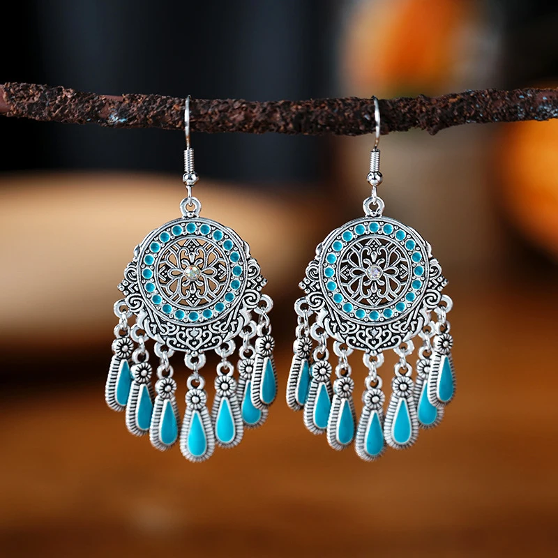 Ethnic Style Drop Oil Tassel Water Drop Earrings for Women Elegant Silver Color Vintage Hollow Out Carved Earring Female Jewelry